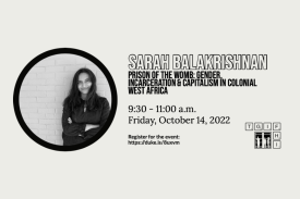 poster image of black text against off-white background. Includes black and white photo of Sarah Balakrishnan smiling, and standing with arms crossed against brick wall.
